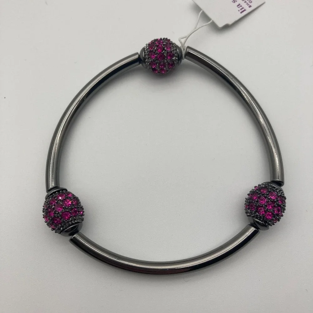 Lia Sophia Fuchsia Pave Fireball Stretch Bracelet Hematite Magenta Crystal - Picture 5 of 7